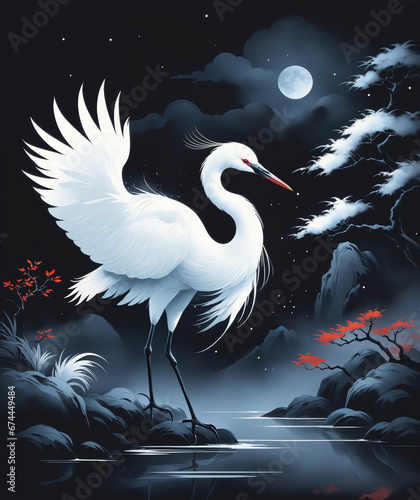 white crane bird at the lake by night asian style painting