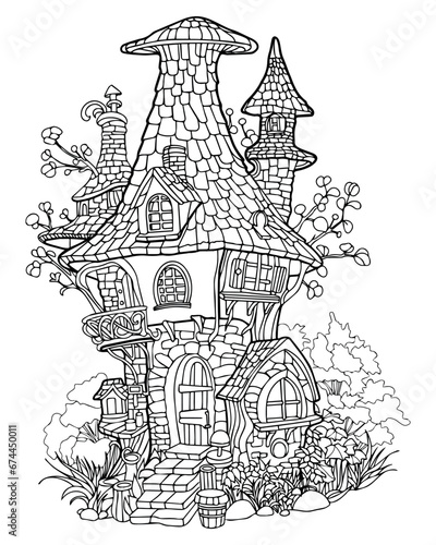 Magic fairytale house, vector illustration, black and white coloring