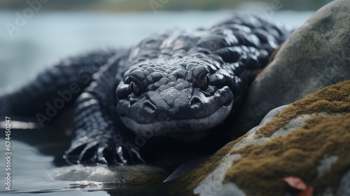 A close-up view of a Japanese Giant Salamander resting on a rocky riverbed, showcasing its textured skin and unique features. photo