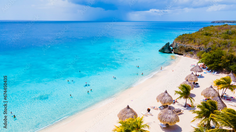 Obraz premium Cas Abao Beach Playa Cas Abao Caribbean island of Curacao, Playa Cas Abao in Curacao Caribbean tropical white beach with a blue turqouse colored ocean. Drone aerial view at the beach on a sunny day