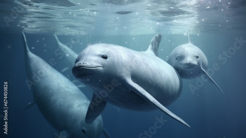 A family of narwhals  including a protective mother and her calf  swimming gracefully together in the Arctic s icy depths.