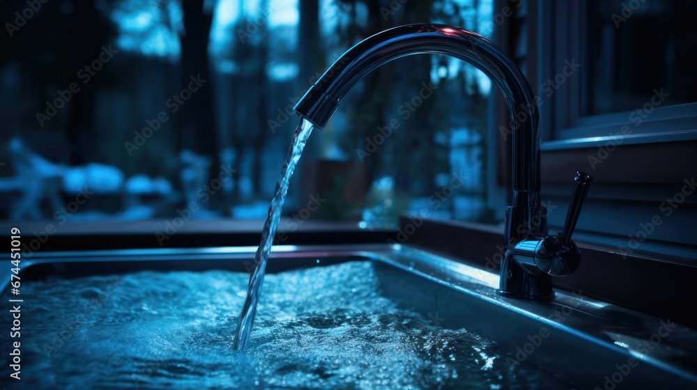 Faucet with a blue splashing water effect is shown Faucet with a blue splashing water effect is shown