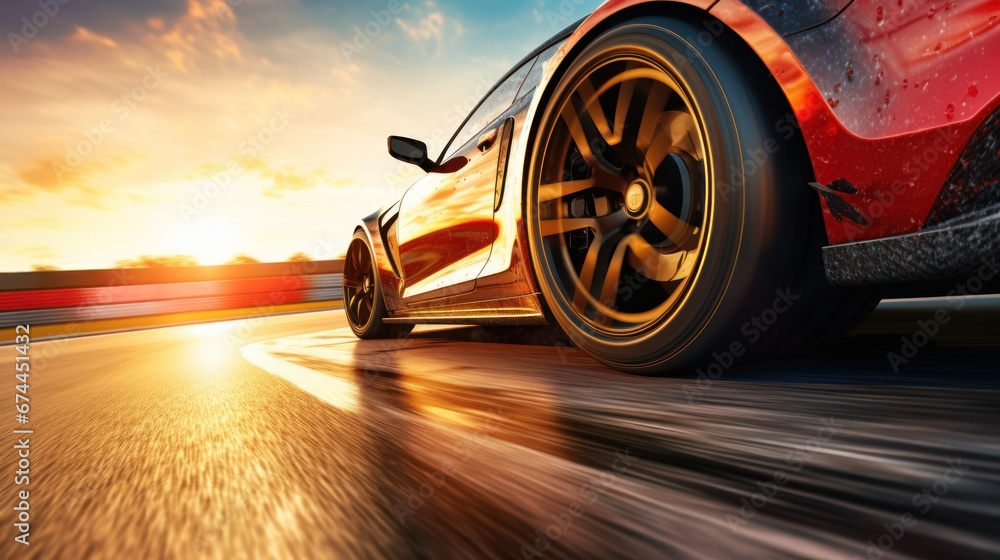 Racing car racer wheel racing on track at sunset - obrazy, fototapety, plakaty 