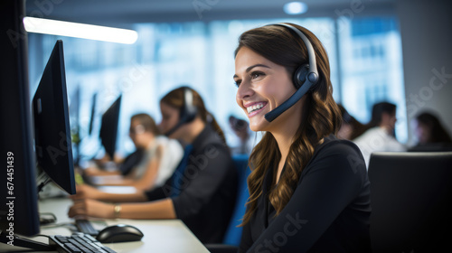 Smiling customer support operator with hands-free headset working in the office photo