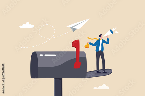 Email newsletter notification, marketing communication or subscription message alert, subscribe to receive notification message concept, businessman marketing open mailbox to notify subscribed user. photo