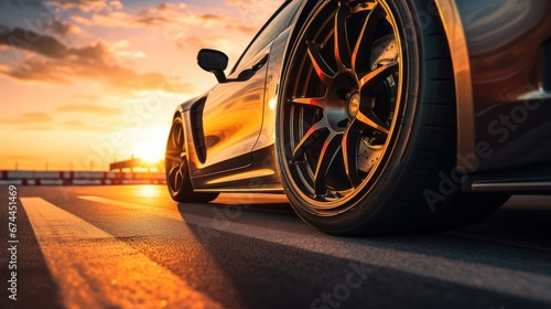 Racing car racer wheel racing on track at sunset © pixcel3d