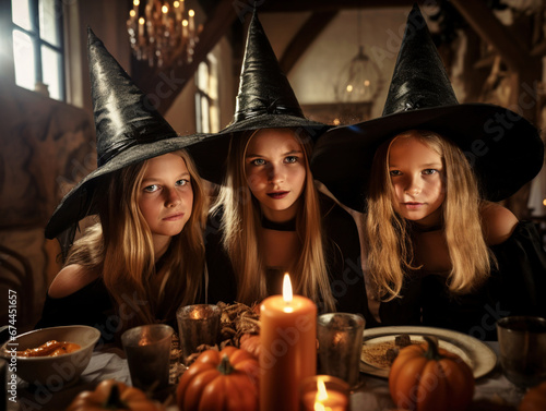 Three girls, best friends dressed as spooky witches, having dinner in a gothic hall on Halloween