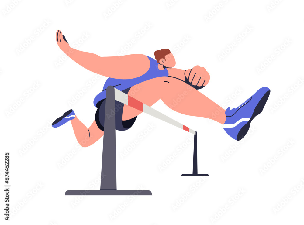 Obraz premium Hurdling sport. Runner athlete running, jumping over obstacle. Man hurdler runner overcoming barrier on race. Athletics, professional sportsman. Flat vector illustration isolated on white background