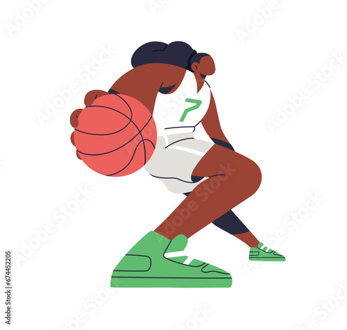Female player with basketball ball in hands. Black woman athlete playing sport game. Professional sportswoman in uniform, movement, action. Flat vector illustration isolated on white background