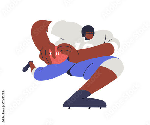 Rugby player running. Athlete playing American football, sports field game. Black man with ball in arms. Professional sportsman in action. Flat vector illustration isolated on white background