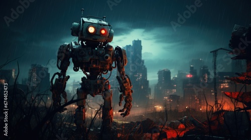 Post-Apocalyptic Journey: A Lone Robot's Quest Through a Rain-Soaked Wasteland