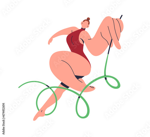 Woman gymnast with ribbon in hand. Rhythmic artistic gymnastics, sports activity. Professional girl athlete performing with tape, movement. Flat vector illustration isolated on white background