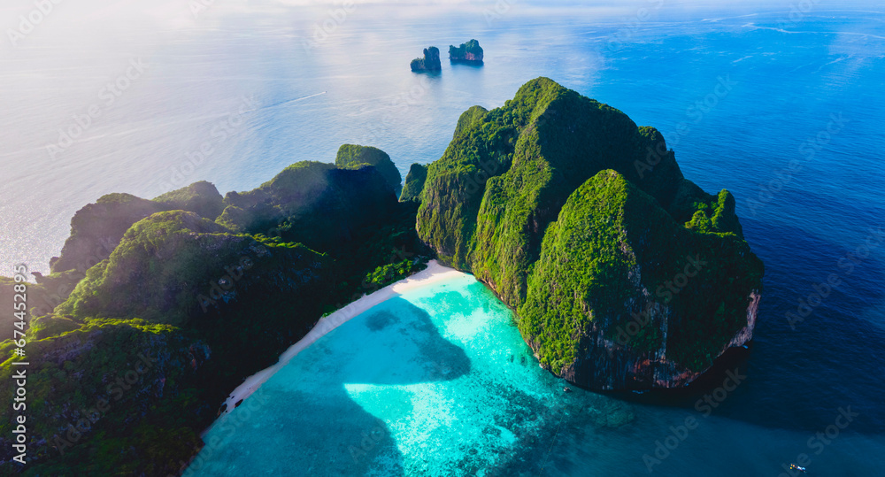 Drone view at Maya Bay Koh Phi Phi Thailand, Turquoise clear water Thailand Koh Pi Pi, Scenic aerial view of Koh Phi Phi Island in Thailand during summer - obrazy, fototapety, plakaty 