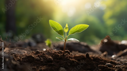 Greenery flourishing in the forest soil with a blurred environment.