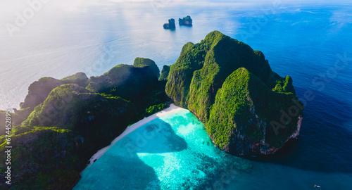 Drone view at Maya Bay Koh Phi Phi Thailand, Turquoise clear water Thailand Koh Pi Pi, Scenic aerial view of Koh Phi Phi Island in Thailand during summer