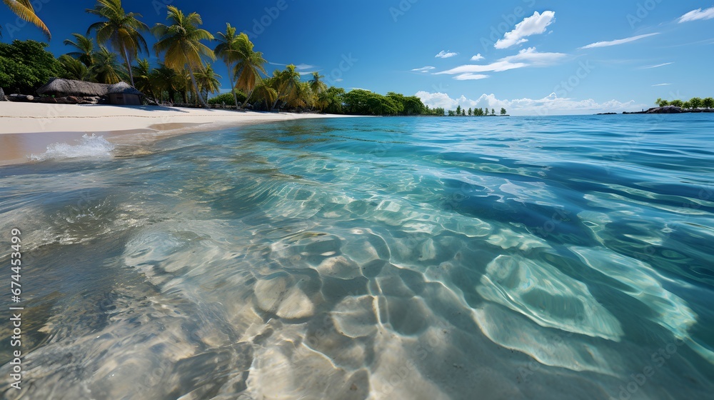 Tropical beach panorama with crystal clear water and white sand