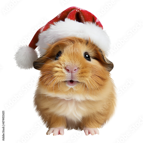 Isolated of funny guinea pig in Santa hat. Christmas pet photo
