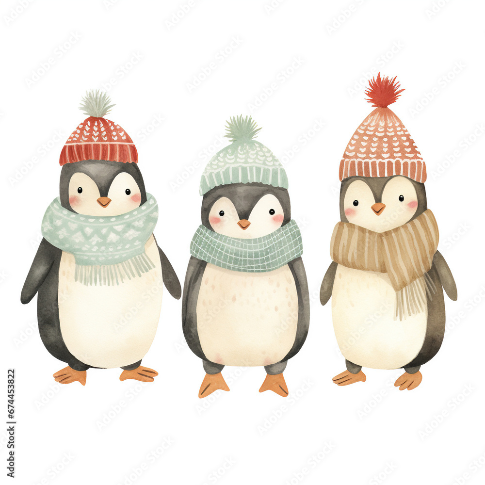 Fototapeta premium Watercolor Cute Christmas Penguins