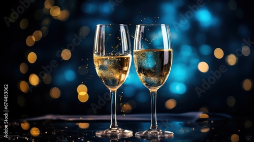 Champagne flutes glitter against a backdrop of rich gold and deep blue hues at the New Year's gathering