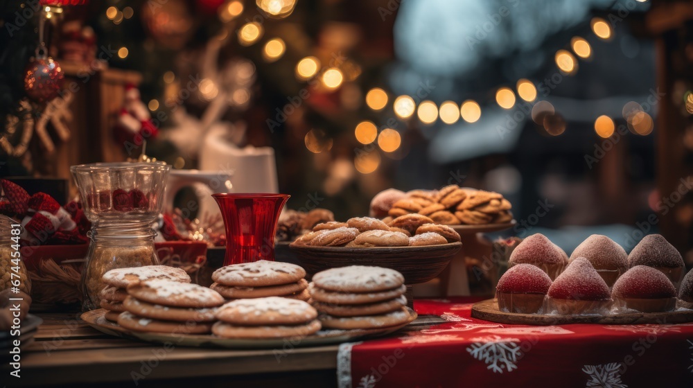 Delighting in Christmas with Warm Hot Cocoa and Tempting Cookies Amidst the Dazzling Lights of a Festive Market. Delighting in Christmas with Warm Hot Cocoa and Tempting Cookies Amidst the Dazzling Lights of a Festive Market.