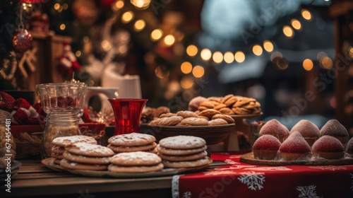 Delighting in Christmas with Warm Hot Cocoa and Tempting Cookies Amidst the Dazzling Lights of a Festive Market.