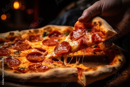 Italian pizza New-York slice fast food hot crunchy fresh tasty meal salami tomato mozzarella dinner restaurant bistro pepperoni homemade lunch snack pizzeria italy dough traditional rustic ingredients