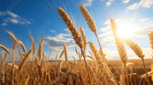 Golden Grains in Glorious Wheat Fields Beneath the Radiant Sun's Glow. photo