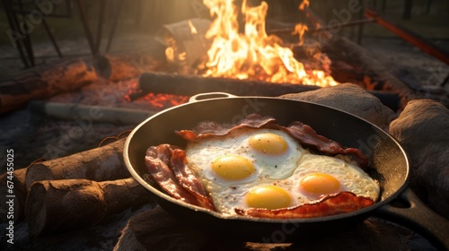 frying pan with fried eggs and crispy bacon on an open fire.