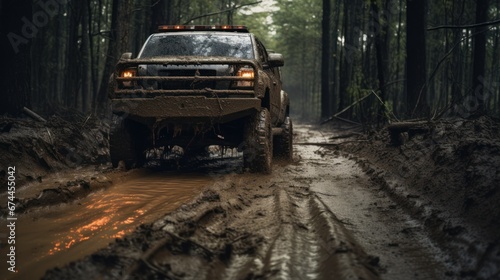 the mud behind a truck driving through a muddy forest