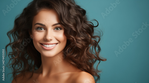 A woman with long hair smiling for the camera with a blue background behind her. Concept of happiness, confidence, beauty, health, dental care, white teeth, smile, fresh breath, hygiene.
