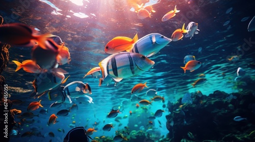 A Large School of Diverse Fish Swimming Underwater. photo