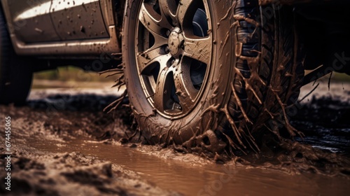 The car's rear wheels are engulfed in the muddy road, hindering its progress.