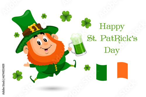 St. Patrick's Day, cute leprechaun with beer mug, shamrock leaves and greeting text. Illustration, postcard, banner, vector