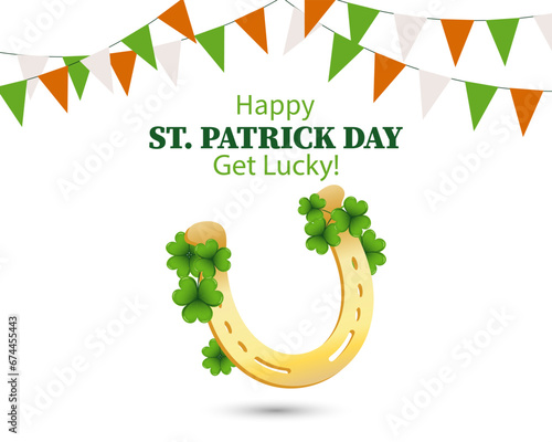 St. Patrick's Day, a golden horseshoe with clover leaves, garlands with flags and a congratulatory inscription. Illustration, banner, postcard, vector