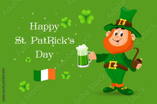 St. Patrick's Day, cute leprechaun with beer mug, shamrock leaves and greeting text. Illustration, postcard, banner, vector