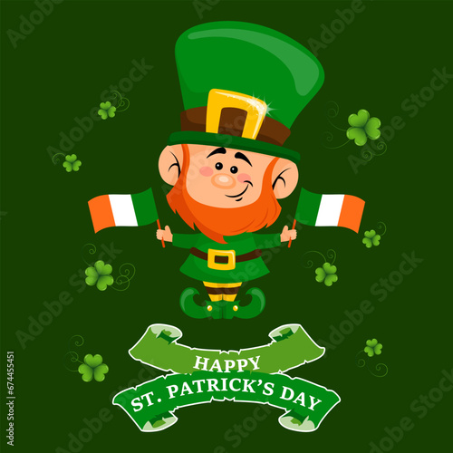 St. Patrick's Day, cute leprechaun with Ireland flag, shamrock leaves and greeting text. Illustration, postcard, banner, vector