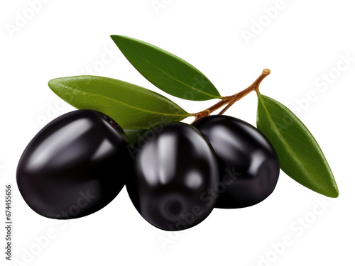 black olives with leaves isolated on transparent background