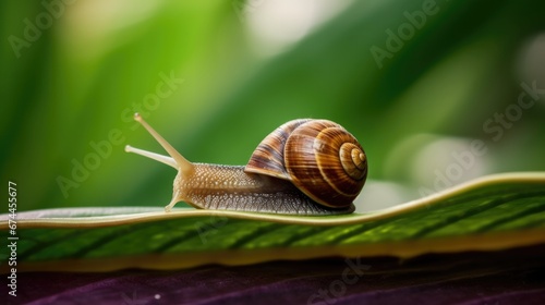 A snail crawls on a leaf