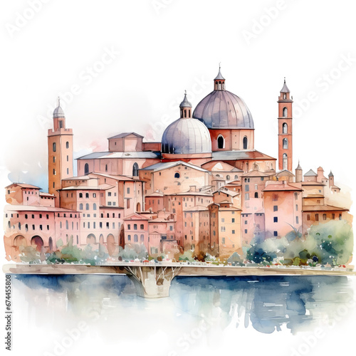 Watercolor Bologna city in Italy, single, transparent or white background PNG. AI generated photo