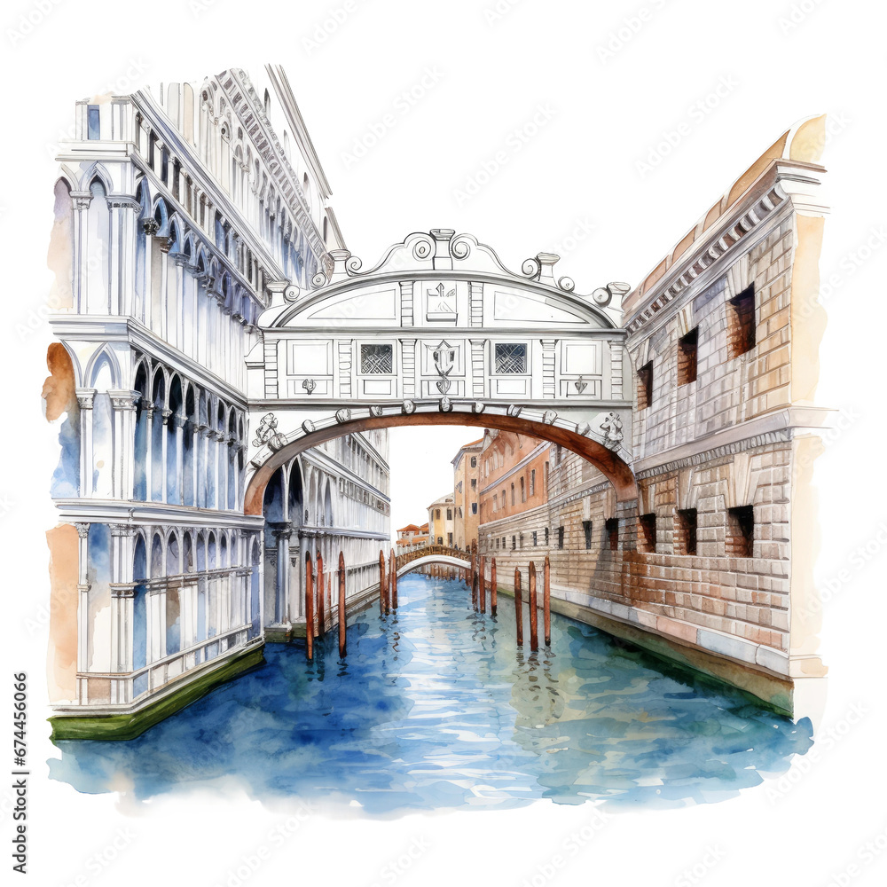Watercolor bridge of Sighs, single, transparent or white background PNG. AI generated