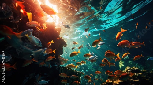 A Large School of Diverse Fish Swimming Underwater.