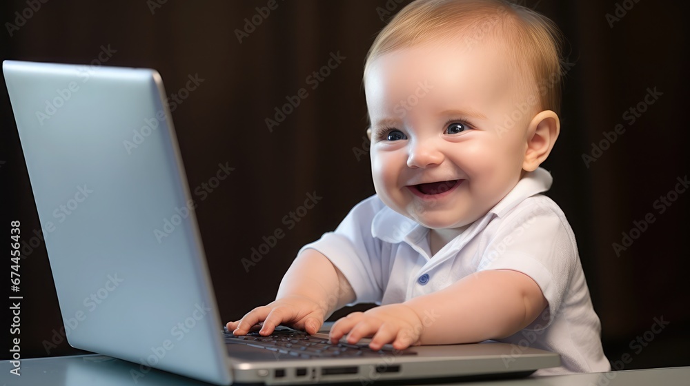 Happy baby boy using a laptop computer at home. Technology concept. Happy baby boy using a laptop computer at home. Technology concept.