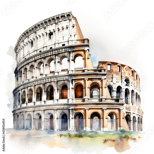 Watercolor Colosseum, single, transparent or white background PNG. AI generated illustration