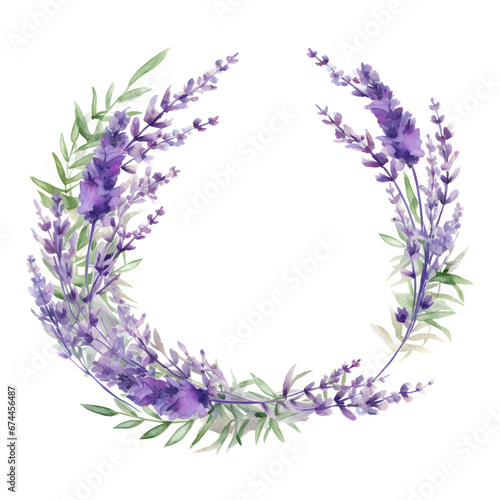 Watercolor purple lavender flower wreath. Botanical bouquet  Greenery branches. Wedding invitation. Floral wreath. Generative AI