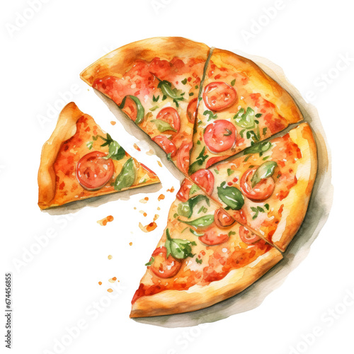 Watercolor Italian pizza, single, transparent or white background PNG. AI generated illustration