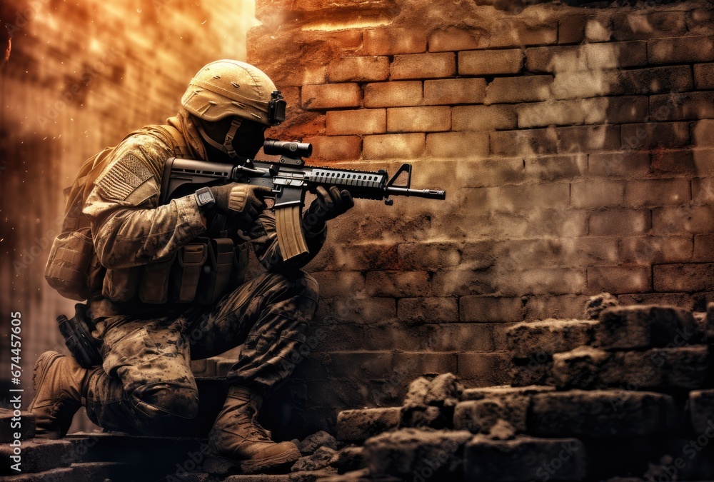 .Soldier in war, with a weapon in his hand .Soldier in war, with a weapon in his hand