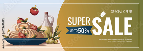 Banner design with Plate of Italian pasta and olive oil. Italian cuisine, healthy food, cooking, restaurant menu, eating, recipes concept. Vector illustration for poster, banner, promo, sale.