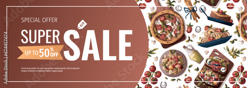 Flyer design with Italian pizza, pasta, bruschetta, lasagna, olive oil. Italian food, healthy eating, cooking, recipes, restaurant menu concept. Vector illustration for banner, promo, poster.