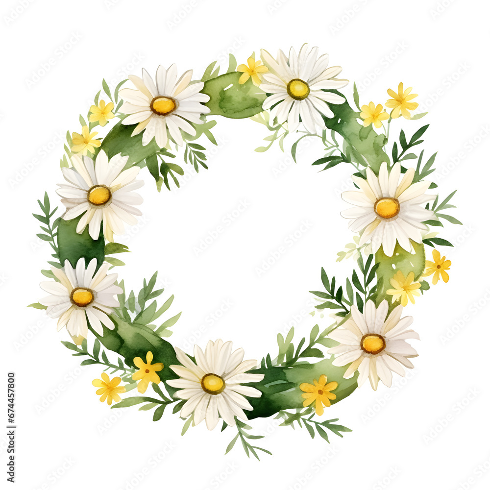 Watercolor daisy flower wreath. Botanical bouquet, Greenery branches. Wedding invitation. Floral wreath. Generative AI Watercolor daisy flower wreath. Botanical bouquet, Greenery branches. Wedding invitation. Floral wreath. Generative AI