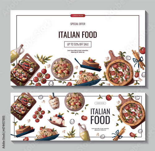 Banners with Italian pizza, pasta, bruschetta, lasagna, olive oil. Italian food, healthy eating, cooking, recipes, restaurant menu concept. Vector illustration for banner, promo, poster.